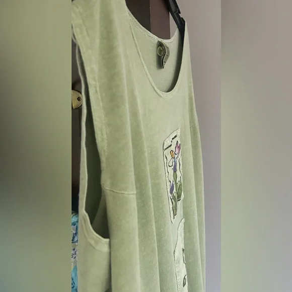 VINTAGE VIVA CITY USA Green Patchwork Cotton Oversized Lagenlook Midi Dress | L - Picture 4 of 15